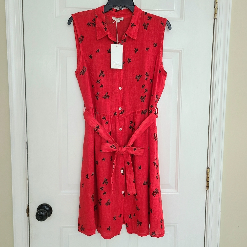 NWT Marisa & Marie 100% Linen Red Shirt Dress Sz L Butterfly Zebra Made In Italy